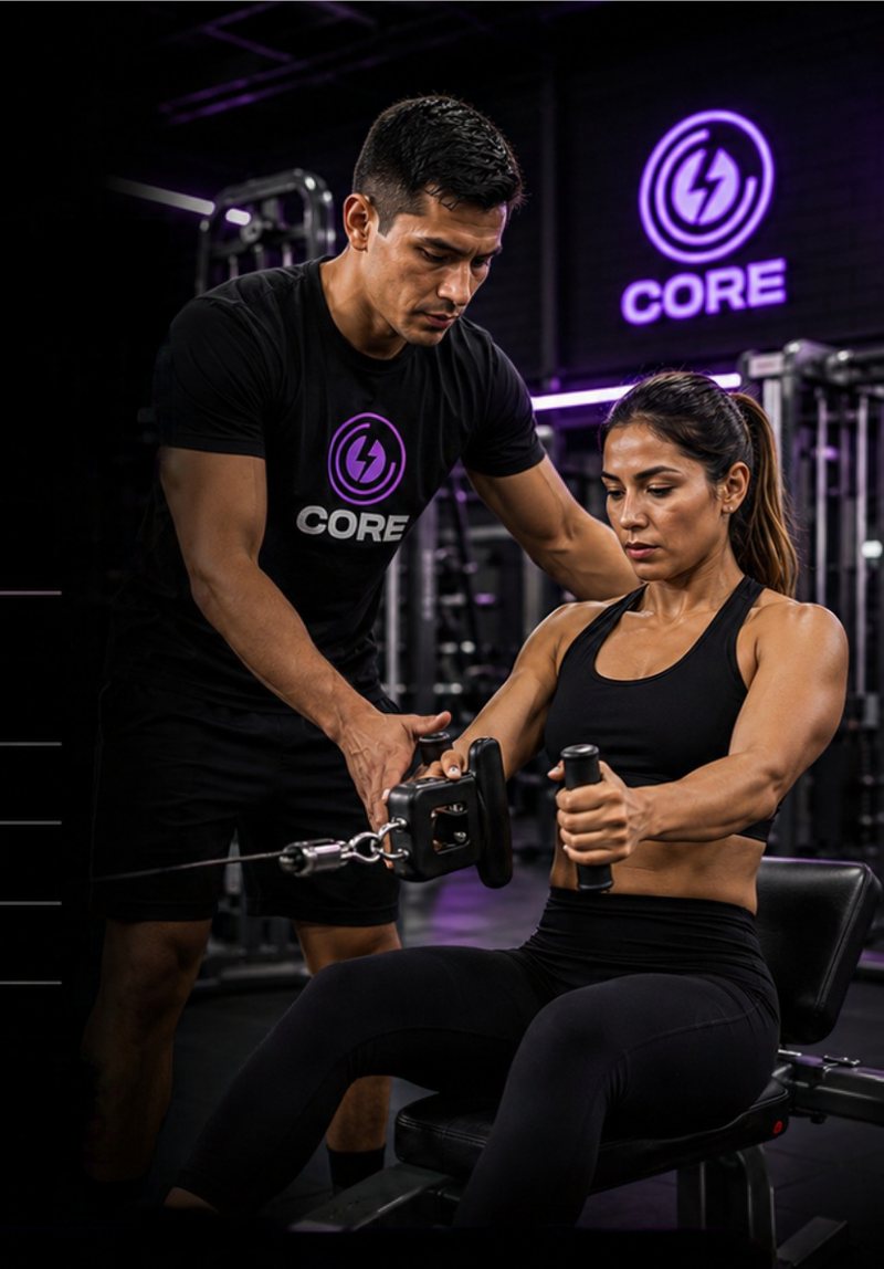 Entrenador de Core Gym guiando a una socia en la máquina de remo